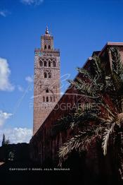 Image du Maroc Professionnelle de  L'ancien minaret de la Koutoubia, érigé en pierre de taille, son édification fut décidée en 1158 par le sultan Almohade Abdel Moumen aussitôt après sa conquête de Marrakech. Devenu l'emblème de la ville touristique du Maroc, ce vieux minaret nécessite une restauration car il est incliné de quelques degré et risque de s'écrouler si rien n'est fait, photographié le Vendredi 19 Décembre 1986. (Photo / Abdeljalil Bounhar)